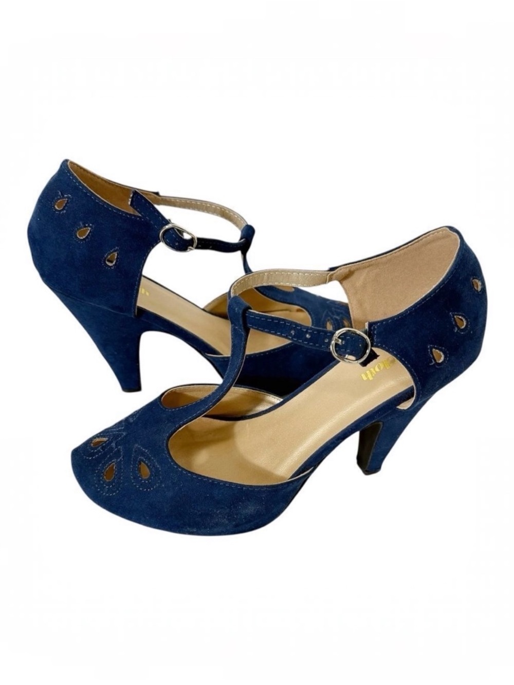 ModCloth Women’s T Strap Blue Faux Suede Vintage Inspired Retro Pumps Size 9 W